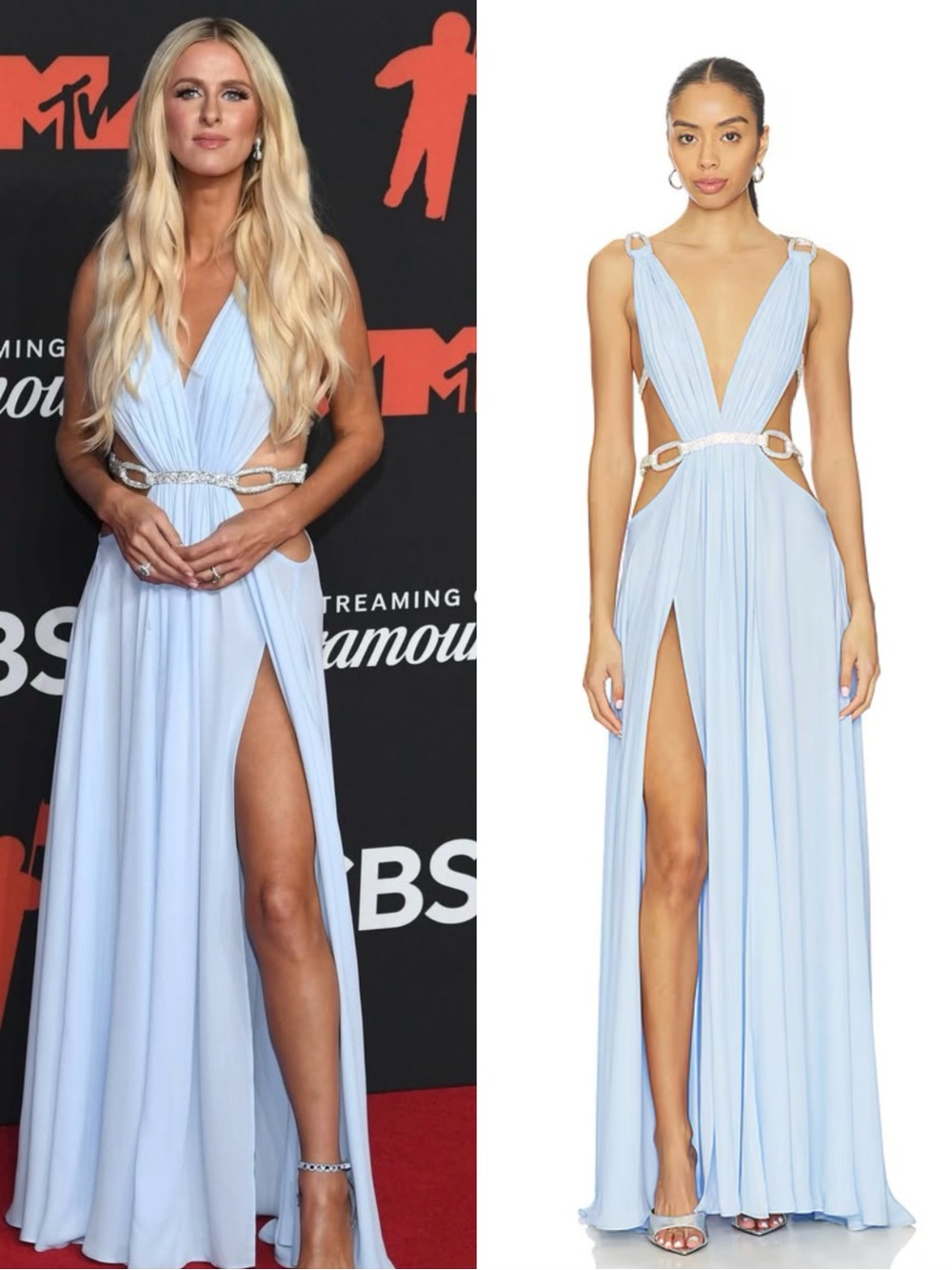 NEW Bronx and Banco Brielle Powder Blue Diamond Gown Elegant Plunge Cutout dress